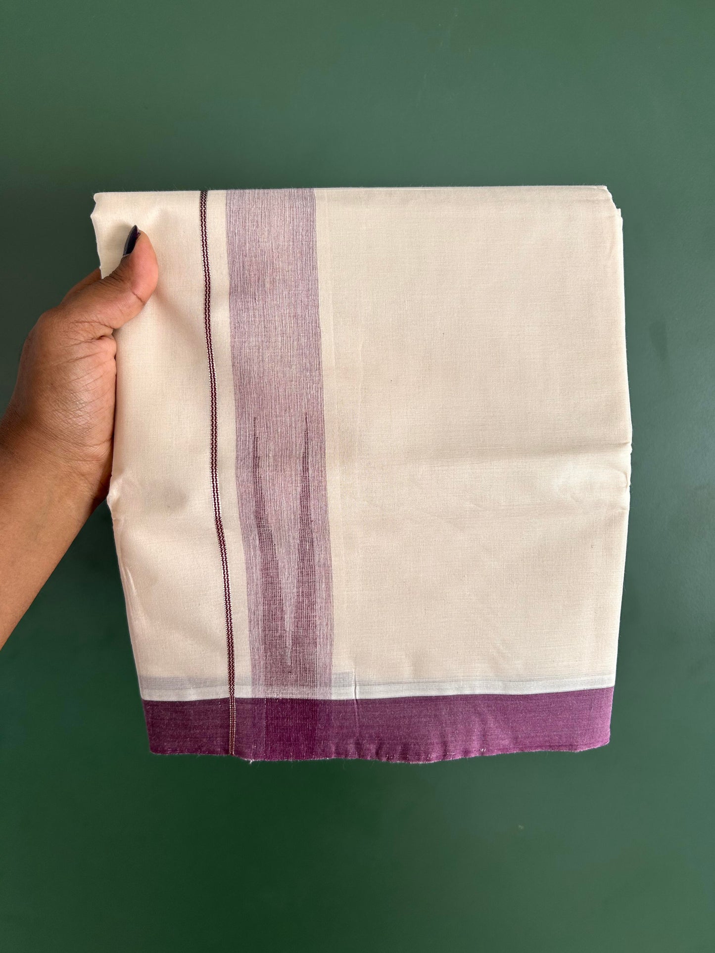 Double off white (Unbleached) Mundu/Dhoti - 20% Discount! KaithariKada Balaramapuram  Pure Cotton - 100X80 - 1.5 inch Silver kasavu & Purple shaded striped chutty - 4 mtr (8.5 Muzham) - 11 KK5428 VAS