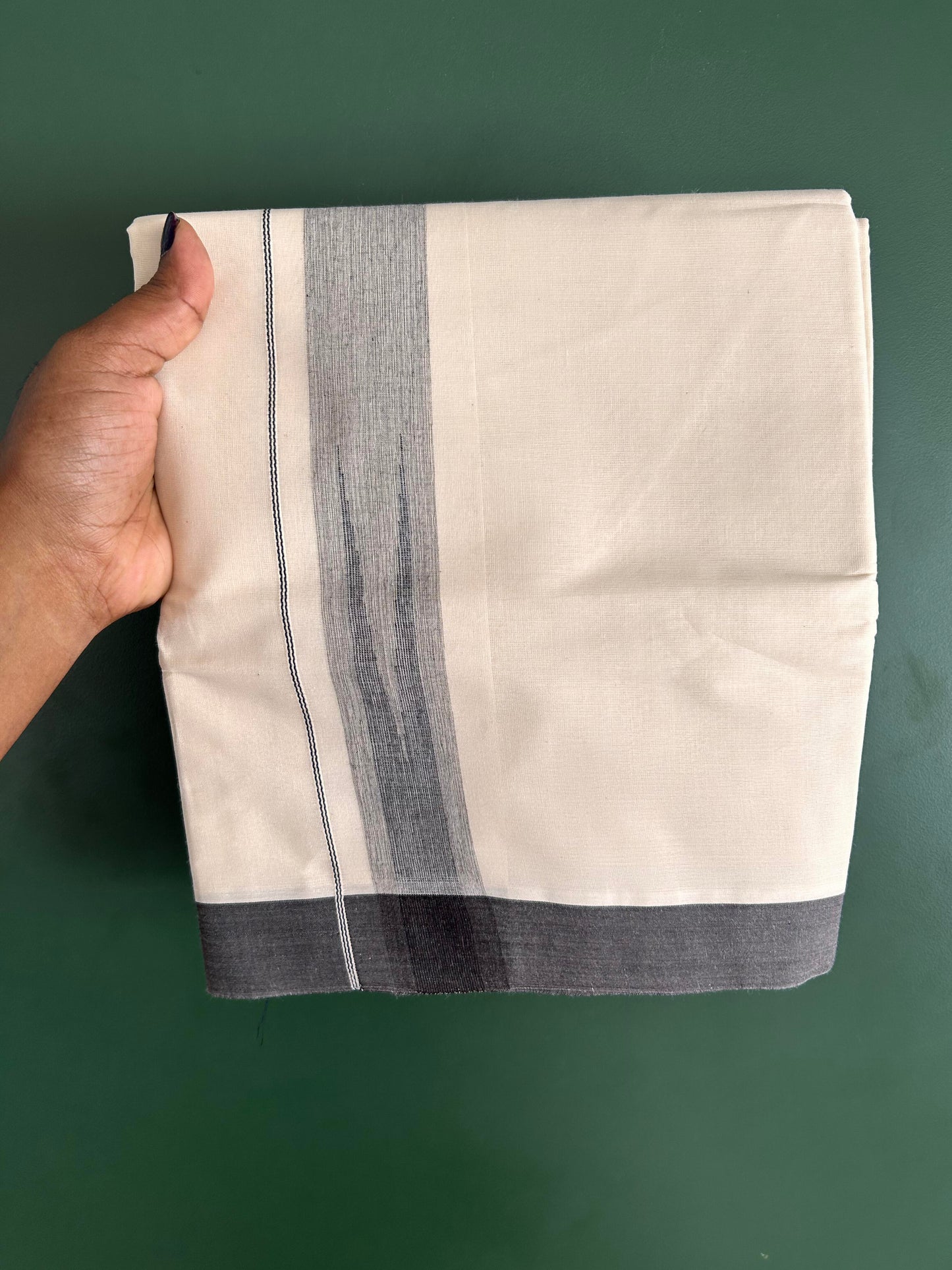 Double Off White - (Unbleached) - Mundu / Dhoti- 20% Discount ! KaithariKada Balaramapuram 100% Cotton - 100x80 -  1.5 inch Black Shaded Striped chutty - 15 KK5428 VAS