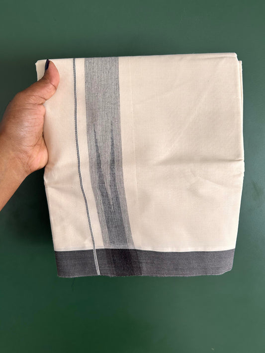 Double Off White - (Unbleached) - Mundu / Dhoti- 20% Discount ! KaithariKada Balaramapuram 100% Cotton - 100x80 -  1.5 inch Black Shaded Striped chutty - 15 KK5428 VAS