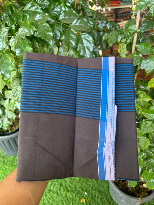 Premium Kathar Type Mund Pure cotton - Kaitharikada - Single Kaily / Lungi - 0.5 inch White Border with Blue , Dark Brown & White Stripes body (2 meter / 4 muzham) - 31 KK8039 MUT