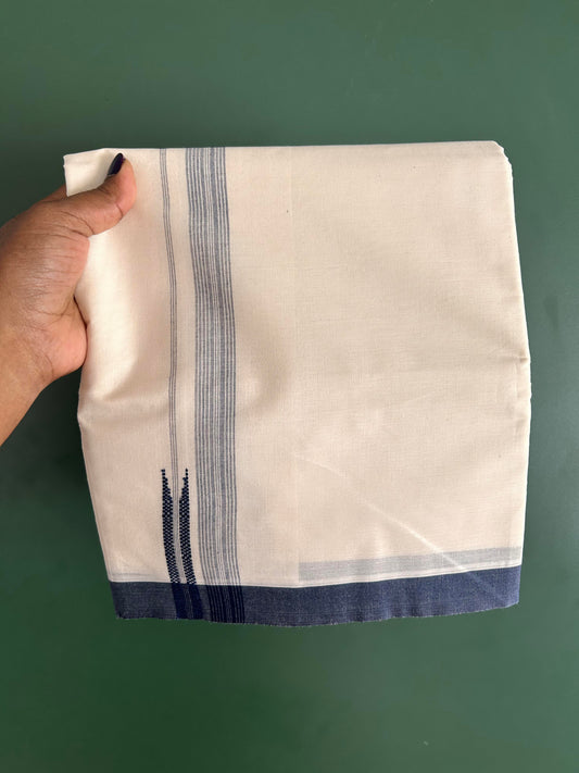 Double Off White - (Unbleached) - Mundu / Dhoti- 20% Discount ! KaithariKada Balaramapuram 100% Cotton - 100x80 -  1.5 inch Navy Blue Shaded Striped Chutty - 15 KK5428 VAS