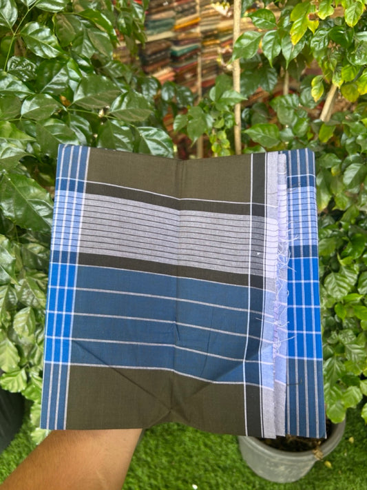 Premium Kathar Type Mund Pure cotton - Kaitharikada - Single Kaily / Lungi - 0.5 inch white Border with Blue , Olive Green & White Stripes body (2 meter / 4 muzham) - 25 KK8039 MUT