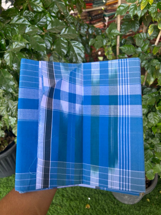 Premium Kathar Type Mund Pure cotton - Kaitharikada - Single Kaily / Lungi - 0.5 inch white Border with Blue , Olive Green , Brown & White Stripes body (2 meter / 4 muzham) - 29 KK8039 MUT