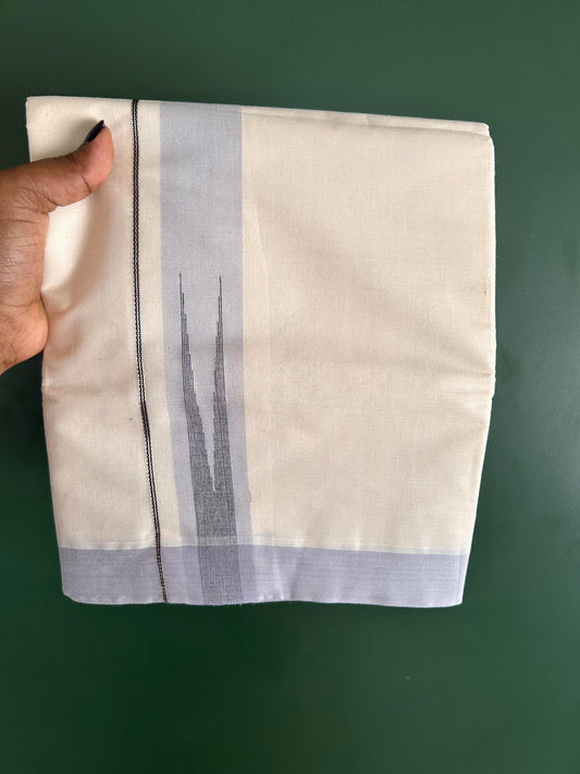 Double off white (Unbleached) Mundu/Dhoti - 20% Discount! KaithariKada Balaramapuram  Pure Cotton - 100X80 - 1.5 inch Silver kasavu & Greyish Lavender & Black Shaded striped chutty - 4 mtr (8.5 Muzham) - 12 KK5428 VAS