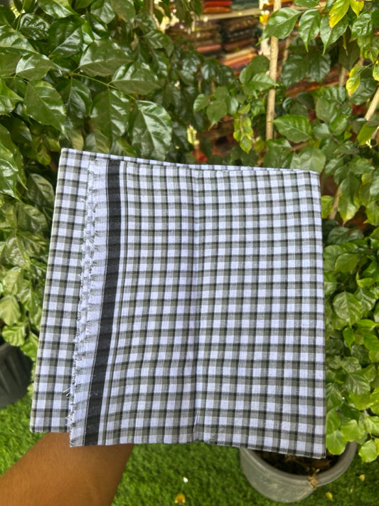 Premium Kathar Type Mund Pure cotton - Kaitharikada - Single Kaily / Lungi - 0.5 inch white Border with Brown, Light Blue , Black & White Check body (2 meter / 4 muzham) - 37 KK8039 MUT