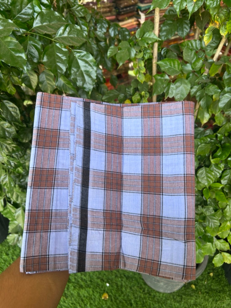 Premium Kathar Type Mund Pure cotton - Kaitharikada - Single Kaily / Lungi - 0.5 inch white Border with Brown, Light Blue , Black & White Stripes body (2 meter / 4 muzham) - 35 KK8039 MUT