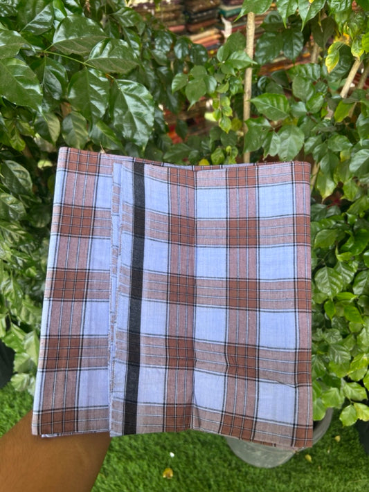 Premium Kathar Type Mund Pure cotton - Kaitharikada - Single Kaily / Lungi - 0.5 inch white Border with Brown, Light Blue , Black & White Stripes body (2 meter / 4 muzham) - 35 KK8039 MUT