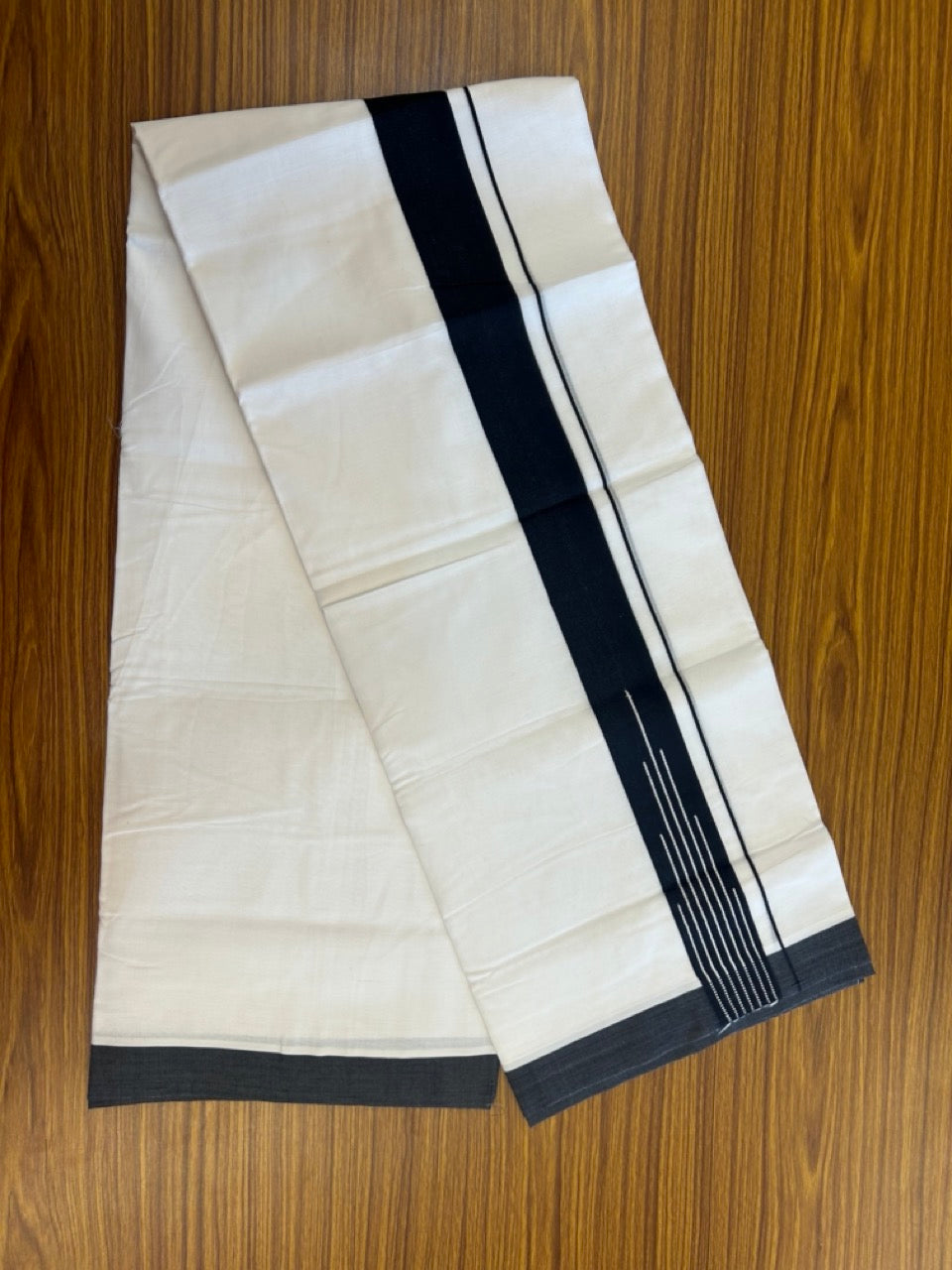 20% Discount ! KaithariKada Balaramapuram 100% Cotton Pure White Double Mundu/Dhoti - 80s - 1.75 inch Puliyilakkara Black Striped Chutty kara 4 mtr (8.5 muzham) - 37 KK5302 MUT