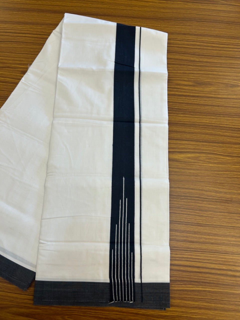20% Discount ! KaithariKada Balaramapuram 100% Cotton Pure White Double Mundu/Dhoti - 80s - 1.75 inch Puliyilakkara Black Striped Chutty kara 4 mtr (8.5 muzham) - 37 KK5302 MUT