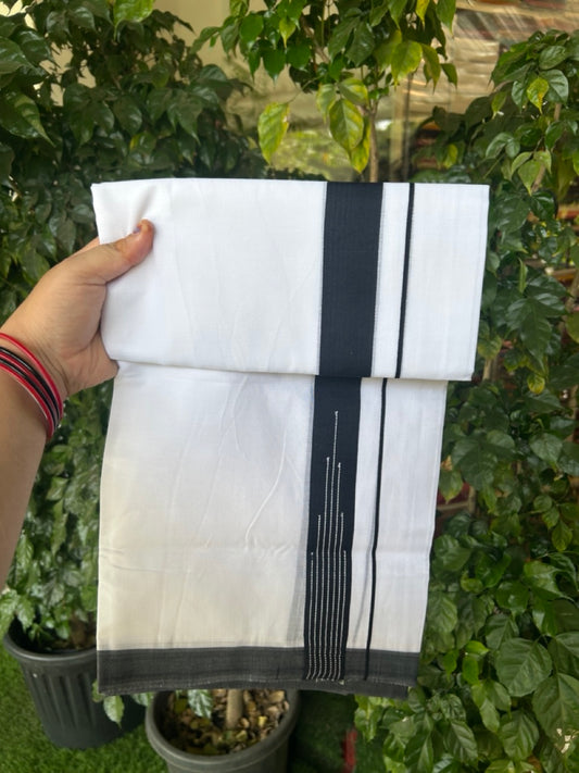 20% Discount ! KaithariKada Balaramapuram 100% Cotton Pure White Double Mundu/Dhoti - 80s - 1.25 inch Puliyilakkara Black Striped Chutty kara 4 mtr (8.5 muzham) - 36 KK5302 MUT