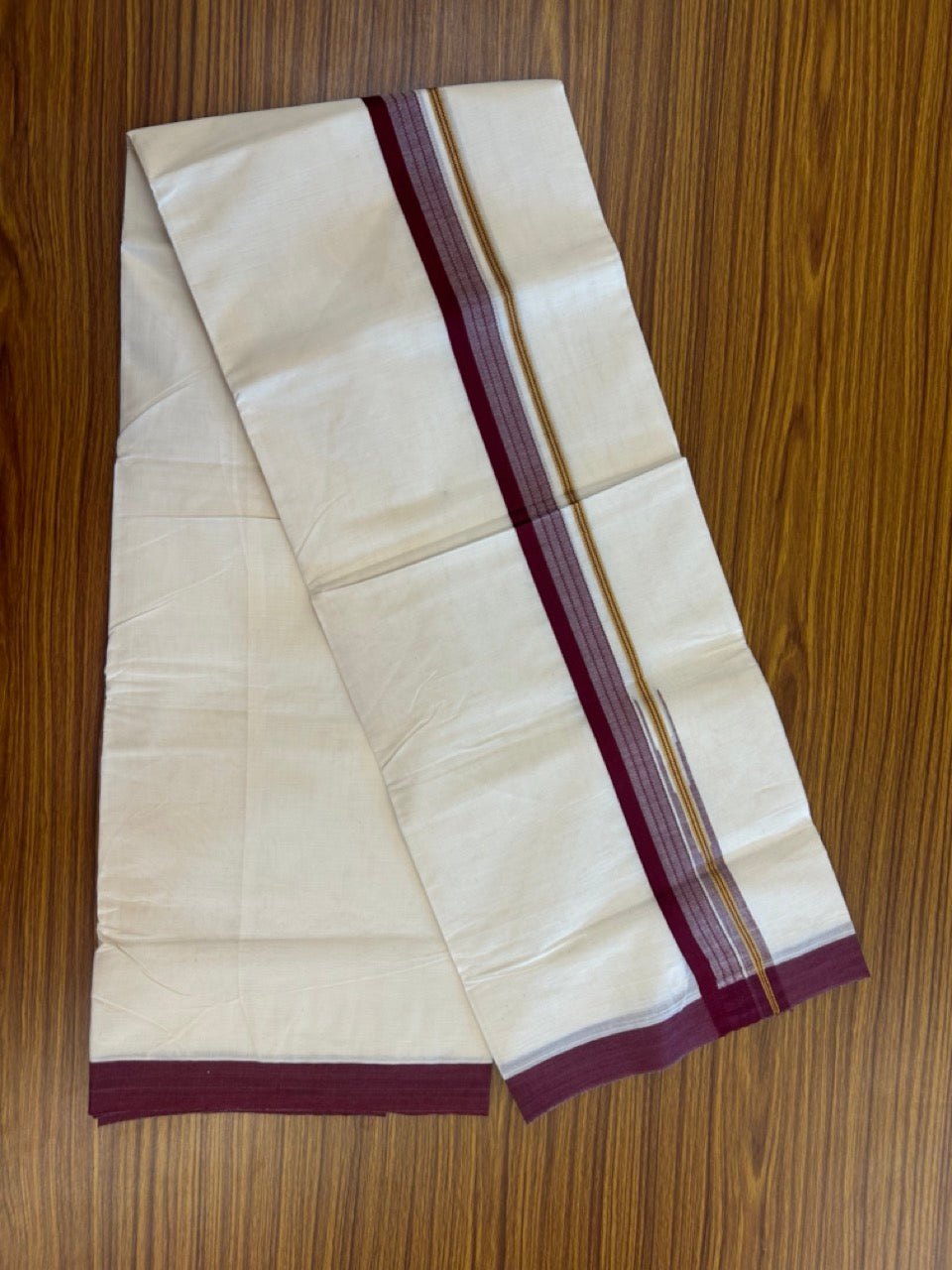 20% Discount ! KaithariKada Balaramapuram 100% Cotton Off White (Unbleached) Double Mundu/Dhoti - 80s - 1.5 inch Gold Kasav & Maroon Stripes Chutty kara 4 mtr (8.5 muzham) - 6 KK5302 MUT