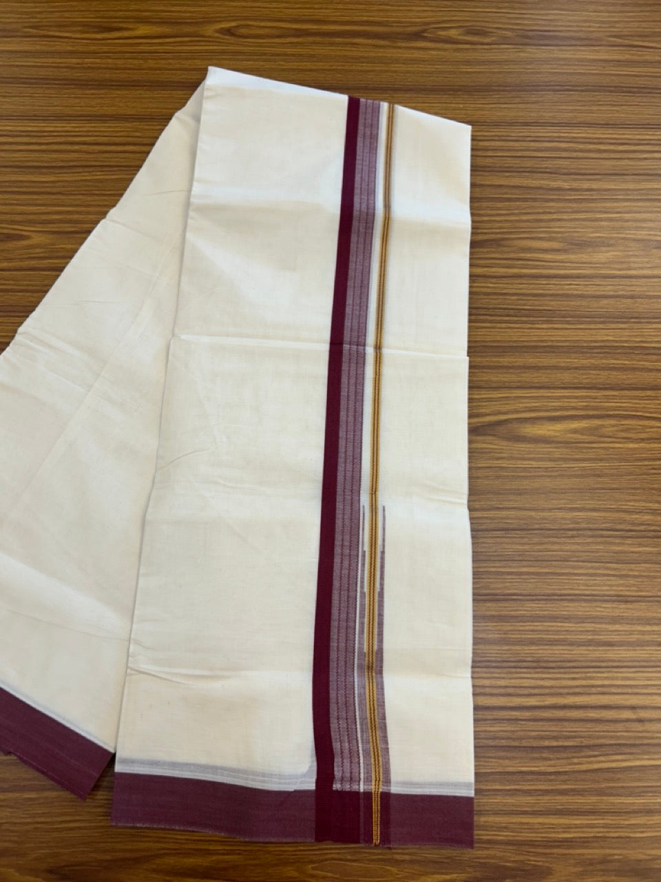 20% Discount ! KaithariKada Balaramapuram 100% Cotton Off White (Unbleached) Double Mundu/Dhoti - 80s - 1.5 inch Gold Kasav & Maroon Stripes Chutty kara 4 mtr (8.5 muzham) - 6 KK5302 MUT
