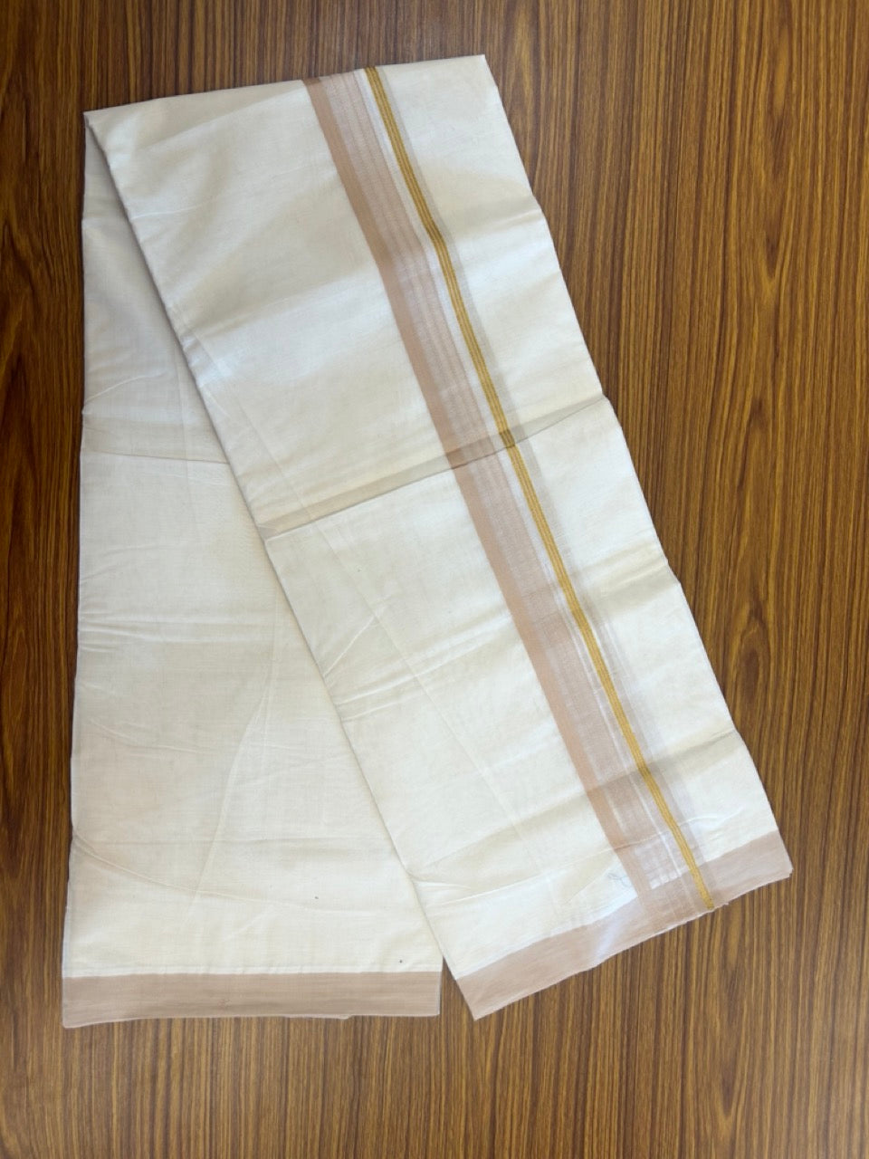 20% Discount ! KaithariKada Balaramapuram 100% Cotton Off White (Unbleached) Double Mundu/Dhoti - 80s - 1.5 inch Gold Kasav & Sand Brown Stripes Chutty kara 4 mtr (8.5 muzham) - 3 KK5302 MUT