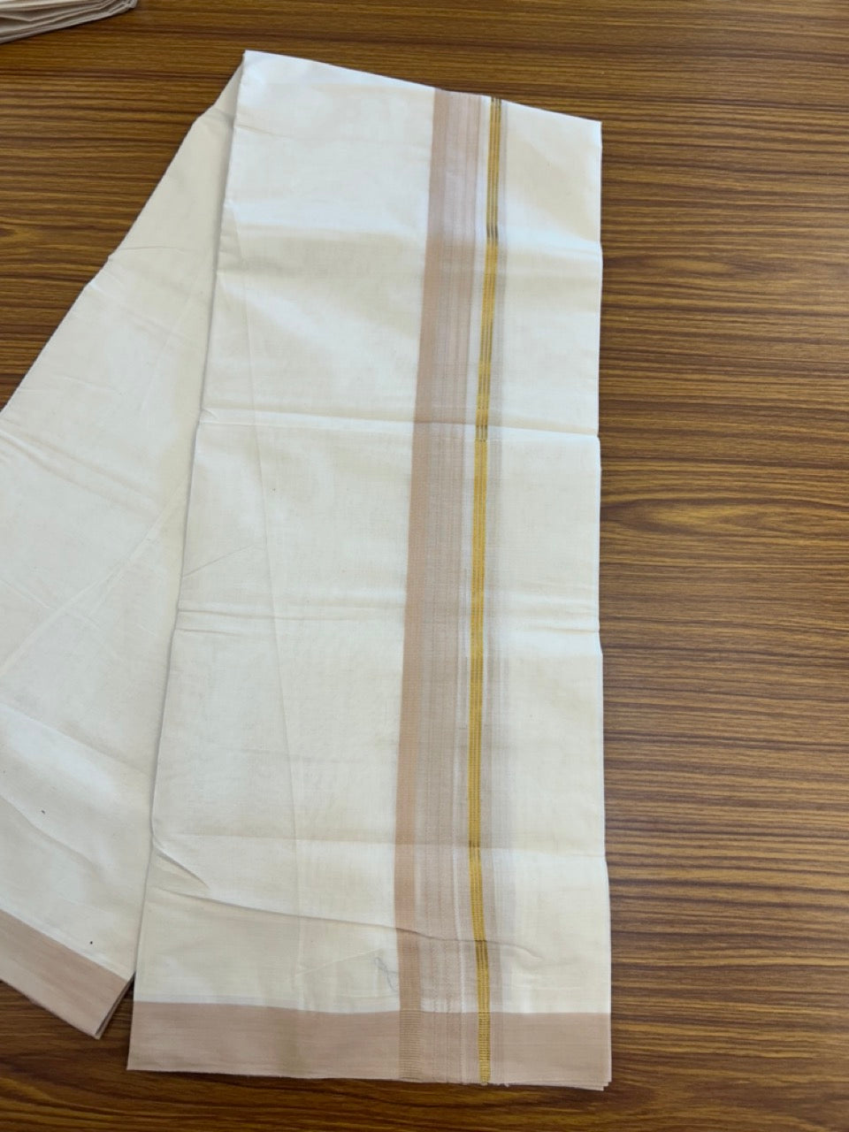 20% Discount ! KaithariKada Balaramapuram 100% Cotton Off White (Unbleached) Double Mundu/Dhoti - 80s - 1.5 inch Gold Kasav & Sand Brown Stripes Chutty kara 4 mtr (8.5 muzham) - 3 KK5302 MUT