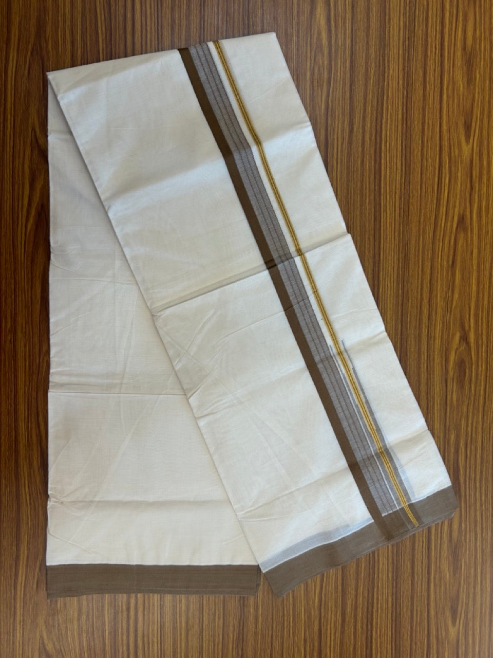 20% Discount ! KaithariKada Balaramapuram 100% Cotton Off White (Unbleached) Double Mundu/Dhoti - 80s - 1.5 inch Gold Kasav & Brown Stripes Chutty kara 4 mtr (8.5 muzham) - 7 KK5302 MUT