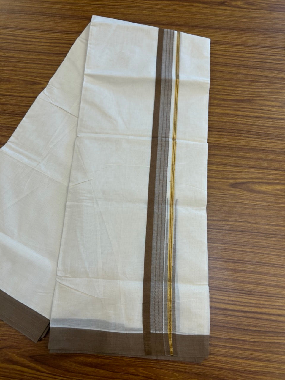20% Discount ! KaithariKada Balaramapuram 100% Cotton Off White (Unbleached) Double Mundu/Dhoti - 80s - 1.5 inch Gold Kasav & Brown Stripes Chutty kara 4 mtr (8.5 muzham) - 7 KK5302 MUT