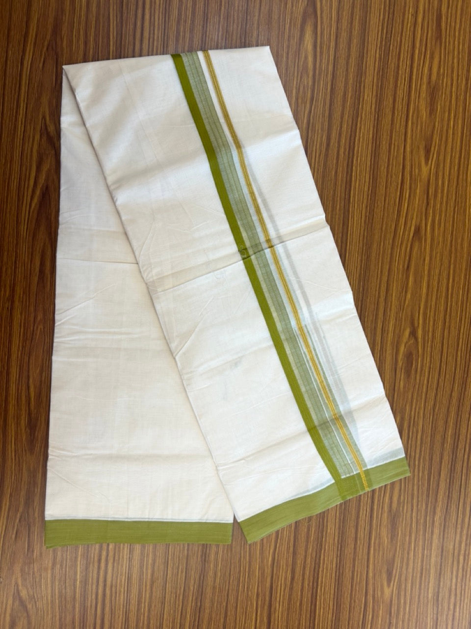 20% Discount ! KaithariKada Balaramapuram 100% Cotton Off White (Unbleached) Double Mundu/Dhoti - 80s - 1.5 inch Gold Kasav & Light Olive Green Stripes Chutty kara 4 mtr (8.5 muzham) - 5 KK5302 MUT