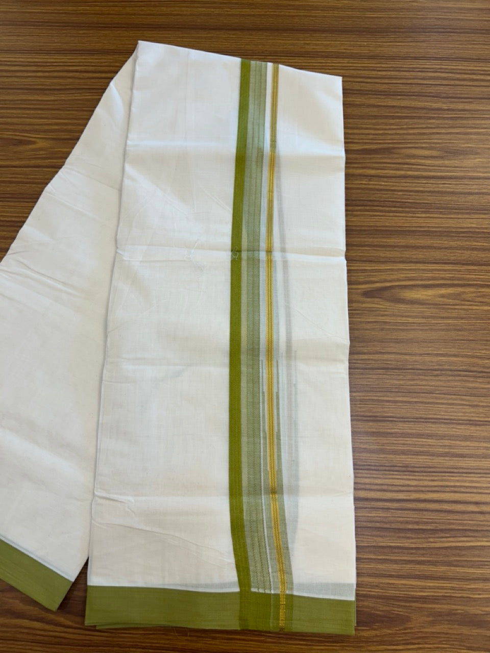 20% Discount ! KaithariKada Balaramapuram 100% Cotton Off White (Unbleached) Double Mundu/Dhoti - 80s - 1.5 inch Gold Kasav & Light Olive Green Stripes Chutty kara 4 mtr (8.5 muzham) - 5 KK5302 MUT