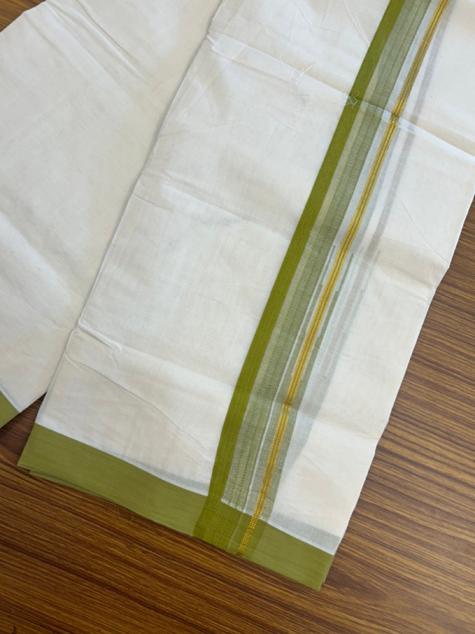 20% Discount ! KaithariKada Balaramapuram 100% Cotton Off White (Unbleached) Double Mundu/Dhoti - 80s - 1.5 inch Gold Kasav & Light Olive Green Stripes Chutty kara 4 mtr (8.5 muzham) - 5 KK5302 MUT