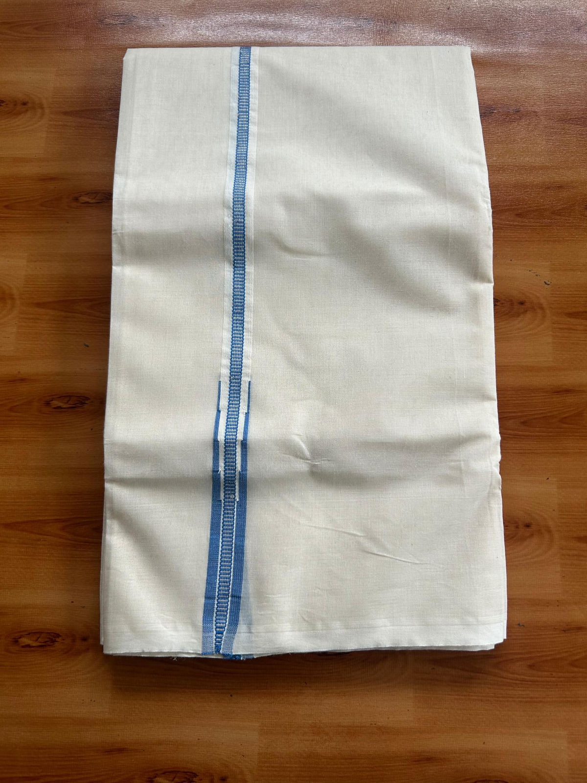 Double Off White (Unbleached) Mundu/Dhoti - 20% Discount!! KaithariKada Pulimood 100% Cotton 100X100 - 1.5 cm Puliyilakkara Silver Kasav & Blue Striped Chutty Kara - 3.75 mtr (8 muzham) - 3 KK5545 ASH