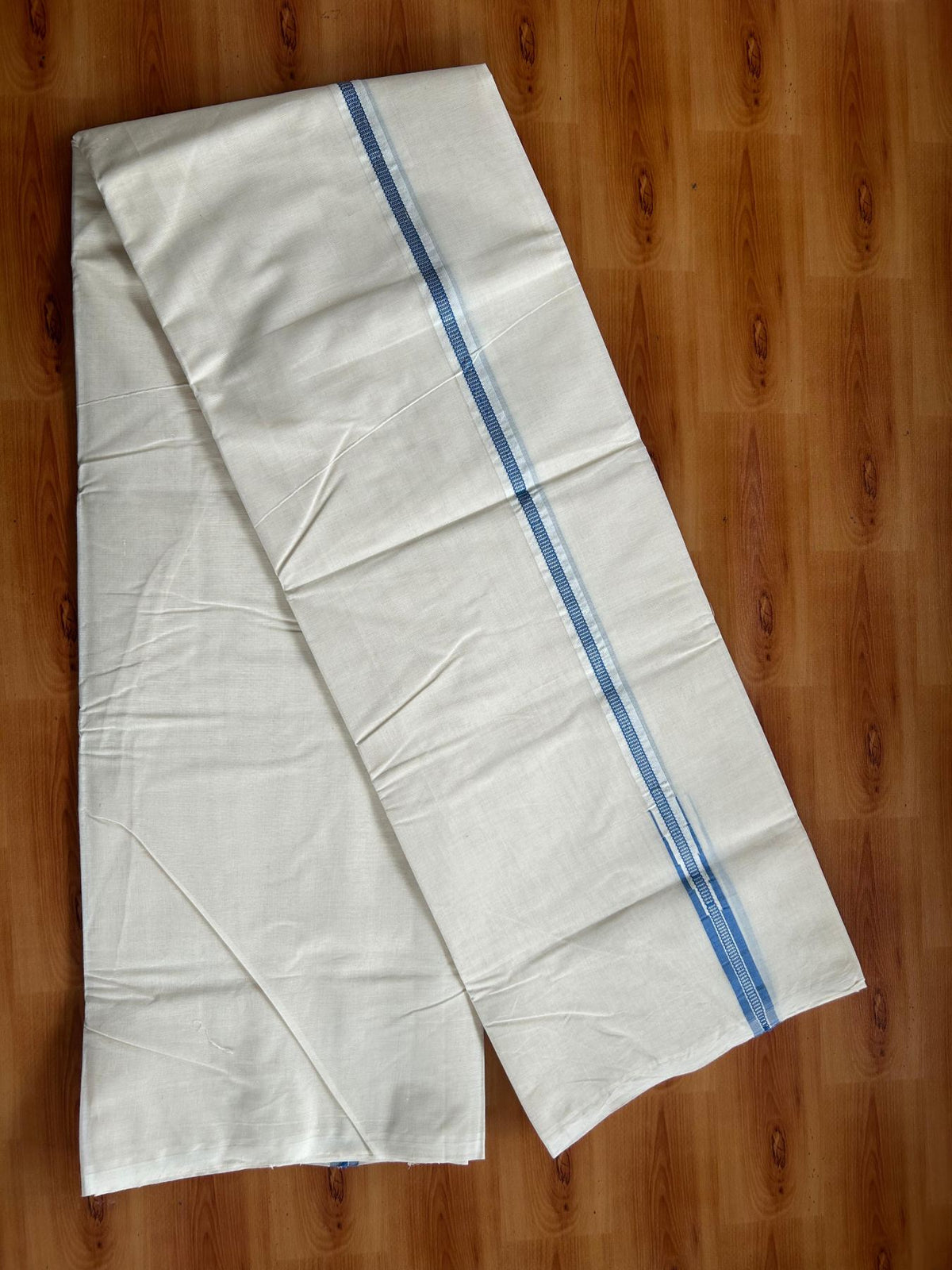 Double Off White (Unbleached) Mundu/Dhoti - 20% Discount!! KaithariKada Pulimood 100% Cotton 100X100 - 1.5 cm Puliyilakkara Silver Kasav & Blue Striped Chutty Kara - 3.75 mtr (8 muzham) - 3 KK5545 ASH