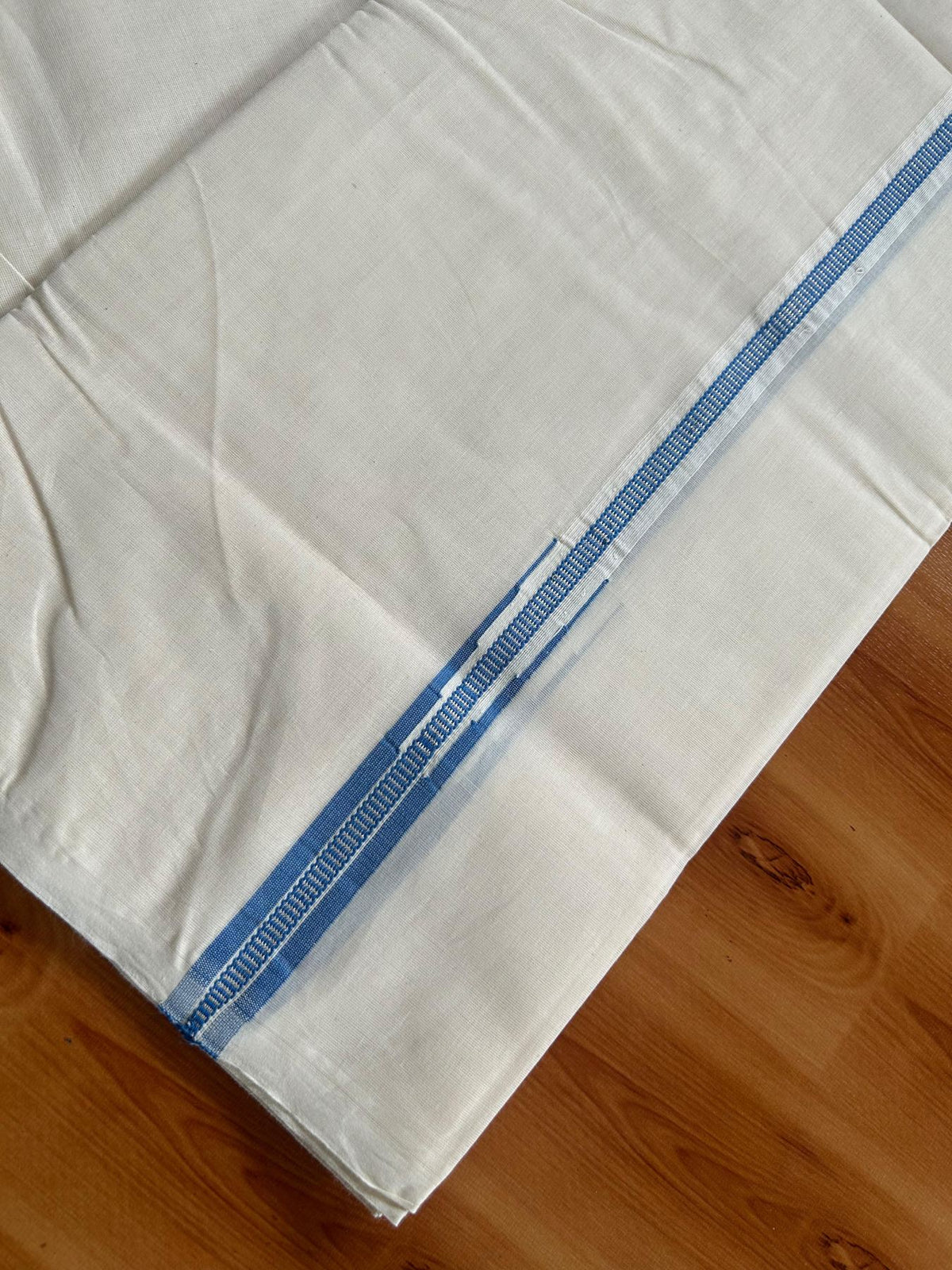 Double Off White (Unbleached) Mundu/Dhoti - 20% Discount!! KaithariKada Pulimood 100% Cotton 100X100 - 1.5 cm Puliyilakkara Silver Kasav & Blue Striped Chutty Kara - 3.75 mtr (8 muzham) - 3 KK5545 ASH