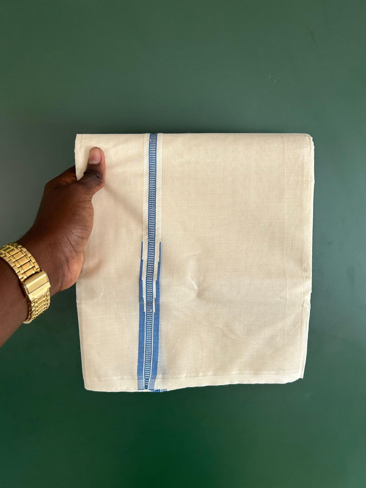 Double Off White (Unbleached) Mundu/Dhoti - 20% Discount!! KaithariKada Pulimood 100% Cotton 100X100 - 1.5 cm Puliyilakkara Silver Kasav & Blue Striped Chutty Kara - 3.75 mtr (8 muzham) - 3 KK5545 ASH
