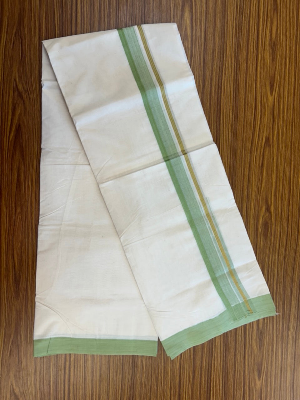 20% Discount ! KaithariKada Balaramapuram 100% Cotton Off White (Unbleached) Double Mundu/Dhoti - 80s - 1.5 inch Gold Kasav & Pista Green Stripes Chutty kara 4 mtr (8.5 muzham) - 4 KK5302 MUT