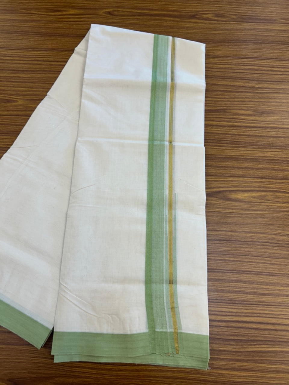 20% Discount ! KaithariKada Balaramapuram 100% Cotton Off White (Unbleached) Double Mundu/Dhoti - 80s - 1.5 inch Gold Kasav & Pista Green Stripes Chutty kara 4 mtr (8.5 muzham) - 4 KK5302 MUT