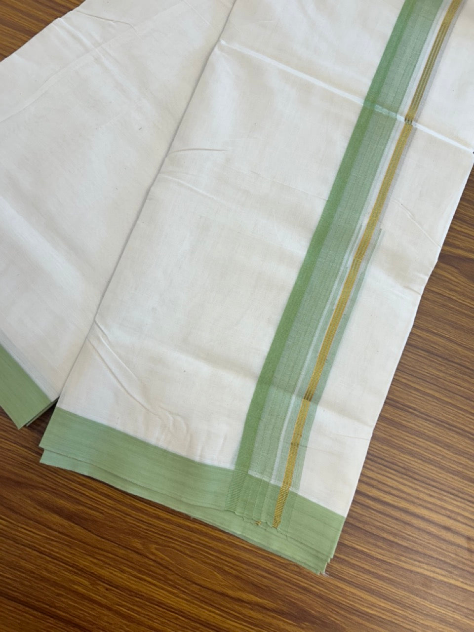 20% Discount ! KaithariKada Balaramapuram 100% Cotton Off White (Unbleached) Double Mundu/Dhoti - 80s - 1.5 inch Gold Kasav & Pista Green Stripes Chutty kara 4 mtr (8.5 muzham) - 4 KK5302 MUT