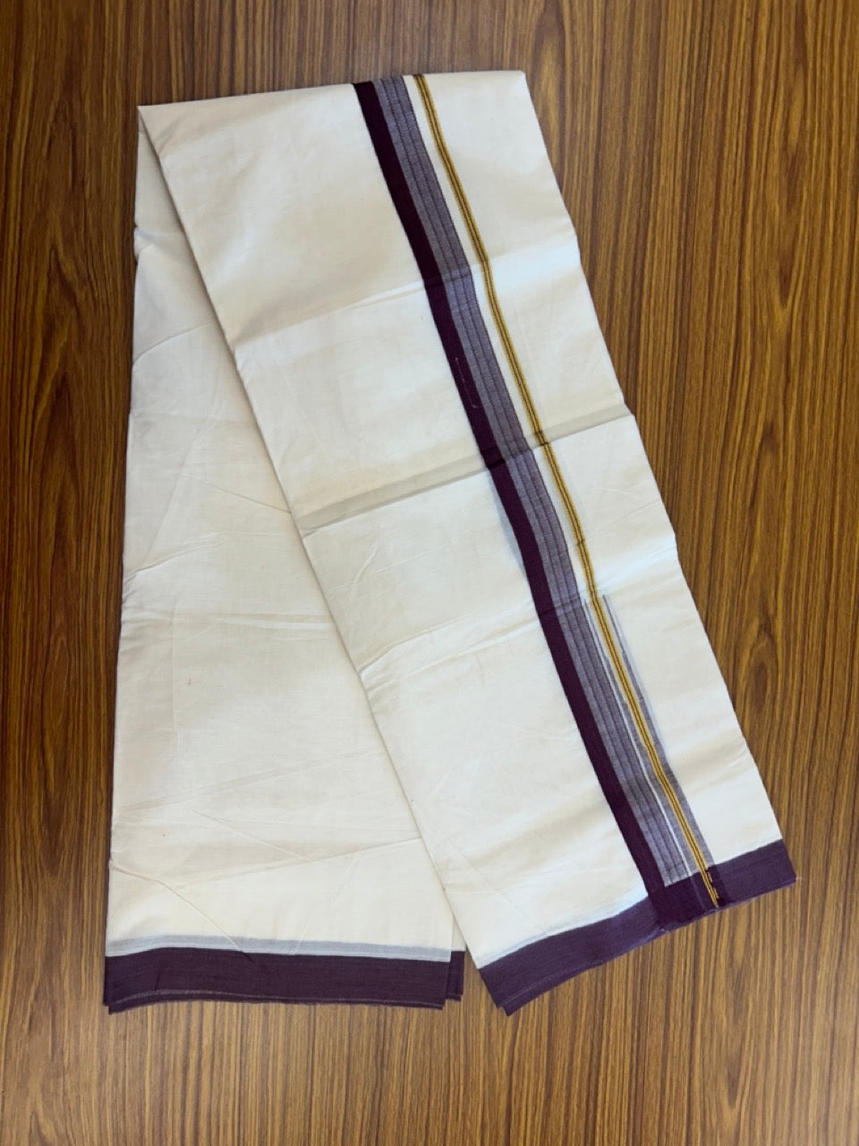 20% Discount ! KaithariKada Balaramapuram 100% Cotton Off White (Unbleached) Double Mundu/Dhoti - 80s - 1.5 inch Gold Kasav & Wine Purple Stripes Chutty kara 4 mtr (8.5 muzham) - 1 KK5302 MUT