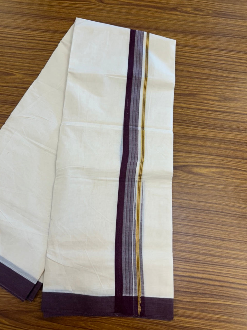 20% Discount ! KaithariKada Balaramapuram 100% Cotton Off White (Unbleached) Double Mundu/Dhoti - 80s - 1.5 inch Gold Kasav & Wine Purple Stripes Chutty kara 4 mtr (8.5 muzham) - 1 KK5302 MUT