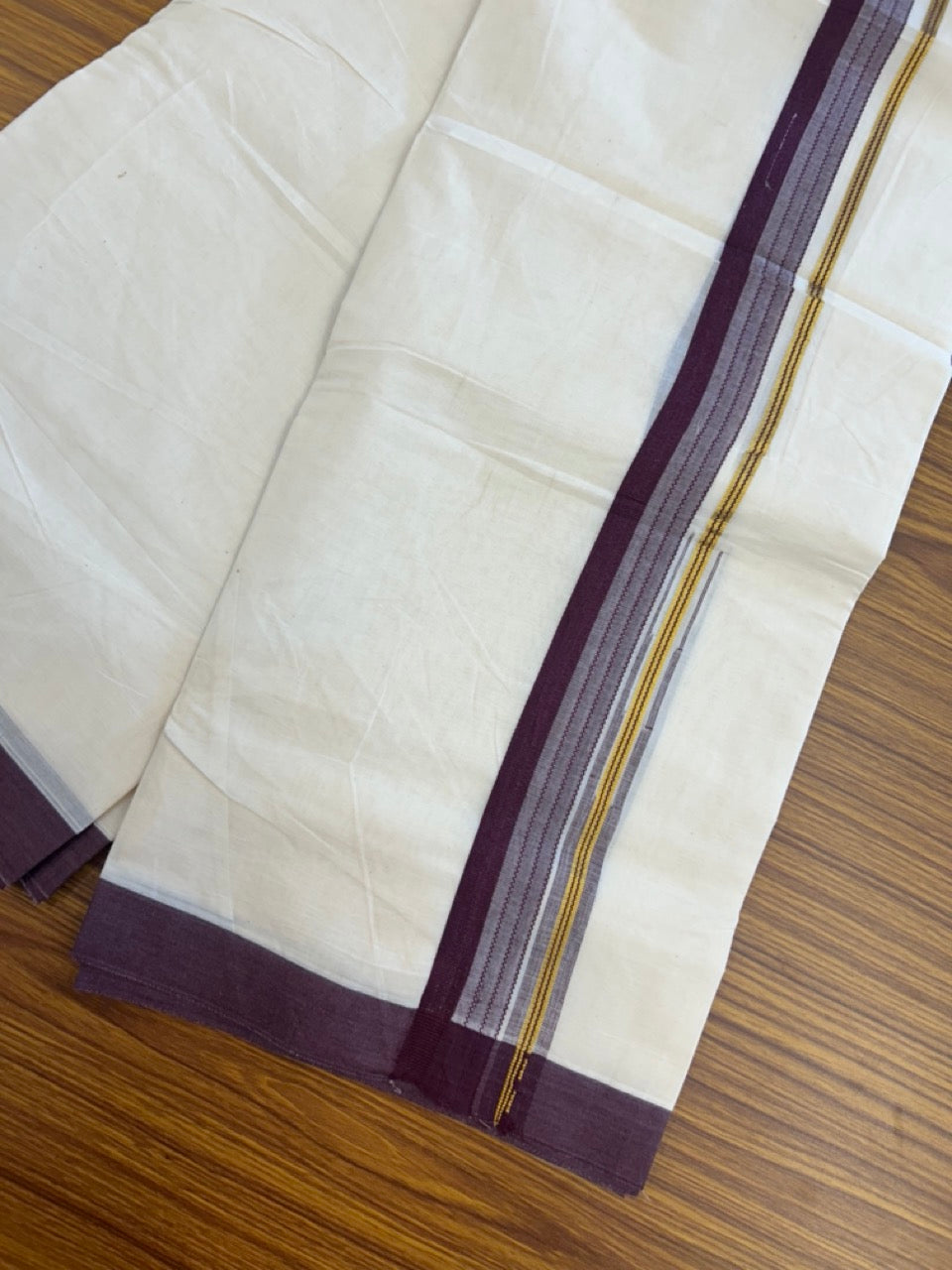 20% Discount ! KaithariKada Balaramapuram 100% Cotton Off White (Unbleached) Double Mundu/Dhoti - 80s - 1.5 inch Gold Kasav & Wine Purple Stripes Chutty kara 4 mtr (8.5 muzham) - 1 KK5302 MUT