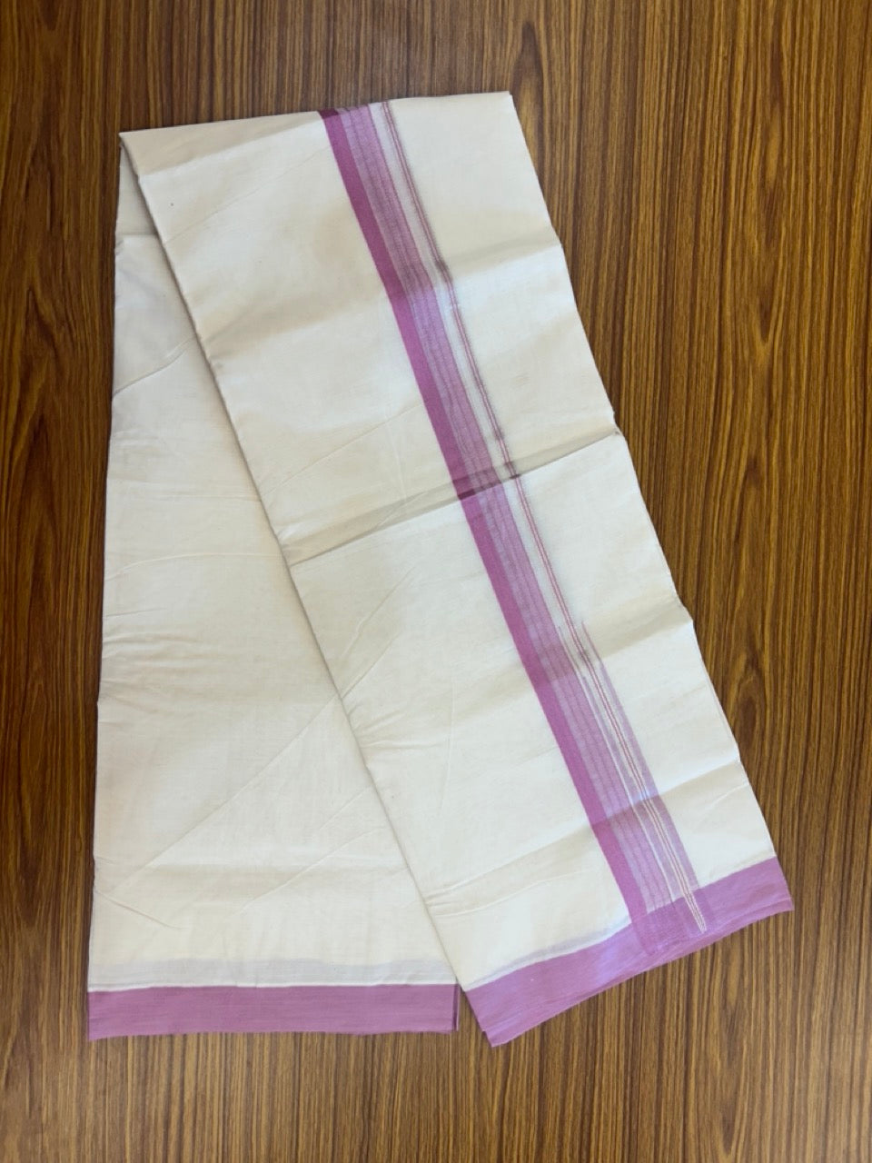 20% Discount ! KaithariKada Balaramapuram 100% Cotton Off White (Unbleached) Double Mundu/Dhoti - 80s - 1.5 inch Silver Kasav & Lavender Pink Stripes Chutty kara 4 mtr (8.5 muzham) - 9 KK5302 MUT