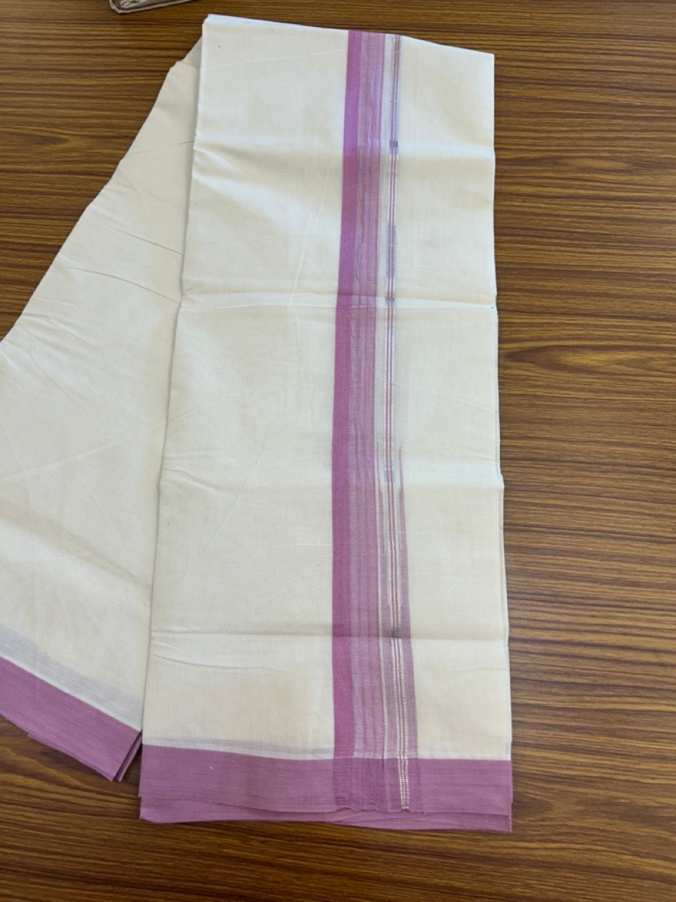 20% Discount ! KaithariKada Balaramapuram 100% Cotton Off White (Unbleached) Double Mundu/Dhoti - 80s - 1.5 inch Silver Kasav & Lavender Pink Stripes Chutty kara 4 mtr (8.5 muzham) - 9 KK5302 MUT