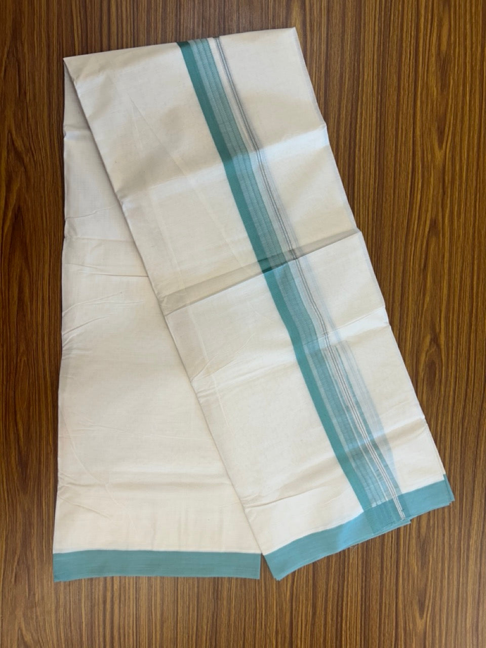 20% Discount ! KaithariKada Balaramapuram 100% Cotton Off White (Unbleached) Double Mundu/Dhoti - 80s - 1.5 inch Silver Kasav & Blue Green Stripes Chutty kara 4 mtr (8.5 muzham) - 8 KK5302 MUT