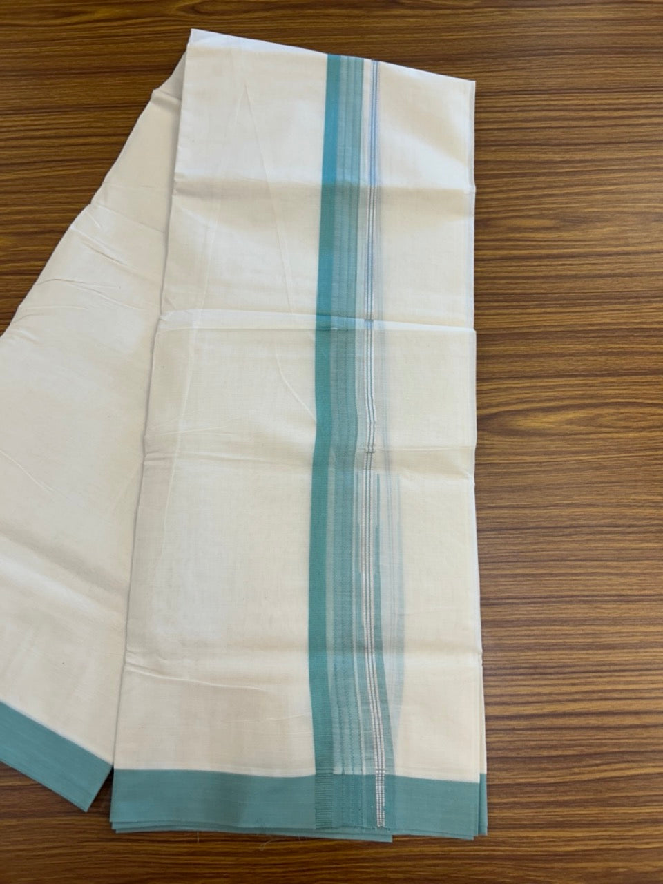 20% Discount ! KaithariKada Balaramapuram 100% Cotton Off White (Unbleached) Double Mundu/Dhoti - 80s - 1.5 inch Silver Kasav & Blue Green Stripes Chutty kara 4 mtr (8.5 muzham) - 8 KK5302 MUT