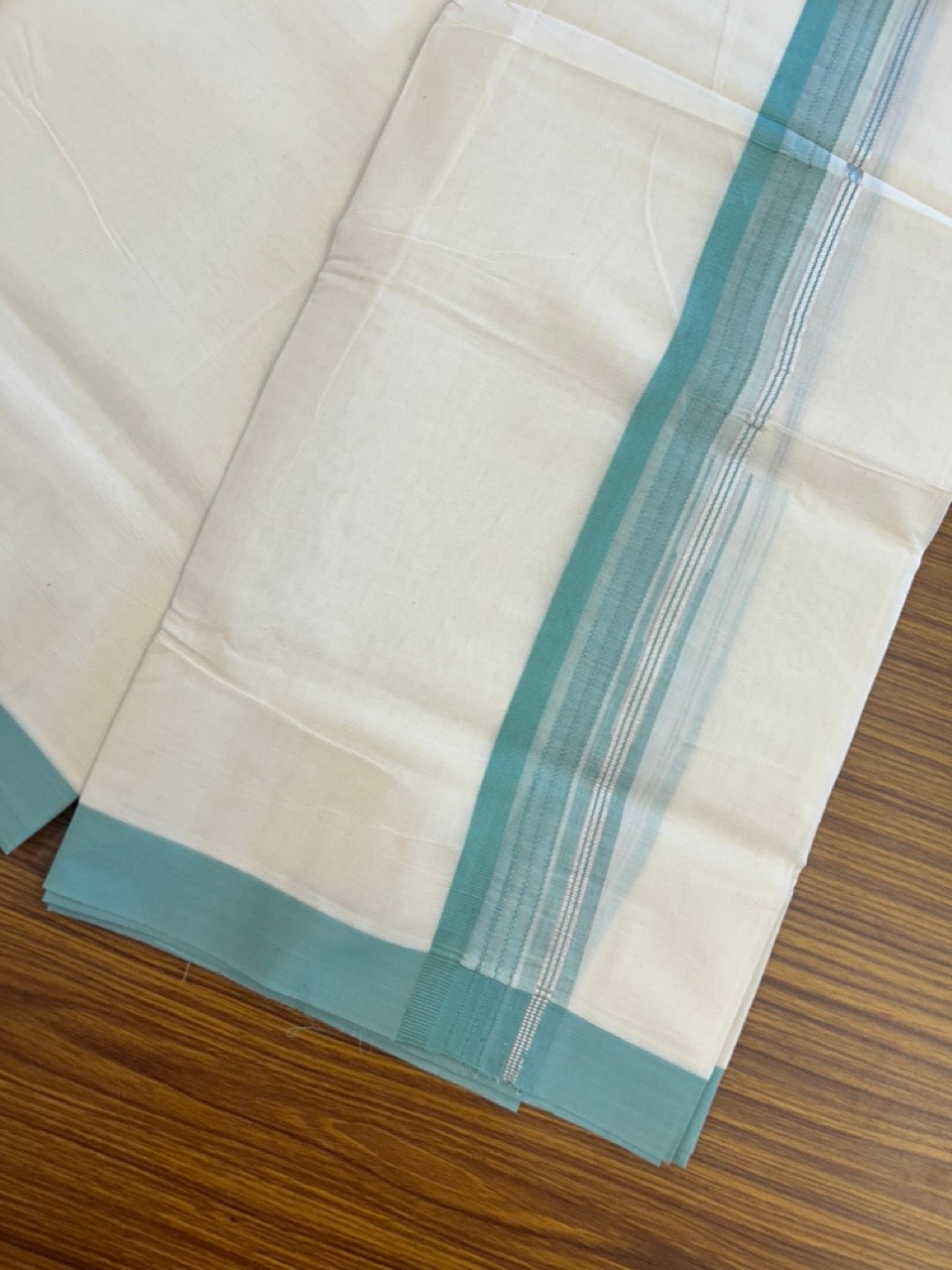 20% Discount ! KaithariKada Balaramapuram 100% Cotton Off White (Unbleached) Double Mundu/Dhoti - 80s - 1.5 inch Silver Kasav & Blue Green Stripes Chutty kara 4 mtr (8.5 muzham) - 8 KK5302 MUT