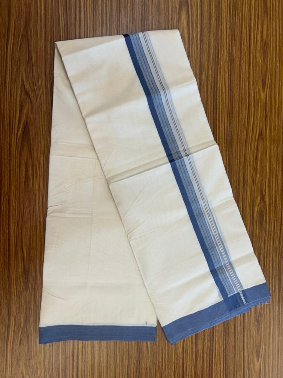 20% Discount ! KaithariKada Balaramapuram 100% Cotton Off White (Unbleached) Double Mundu/Dhoti - 80s - 1.5 inch Silver Kasav & Blue Grey Stripes Chutty kara 4 mtr (8.5 muzham) - 11 KK5302 MUT