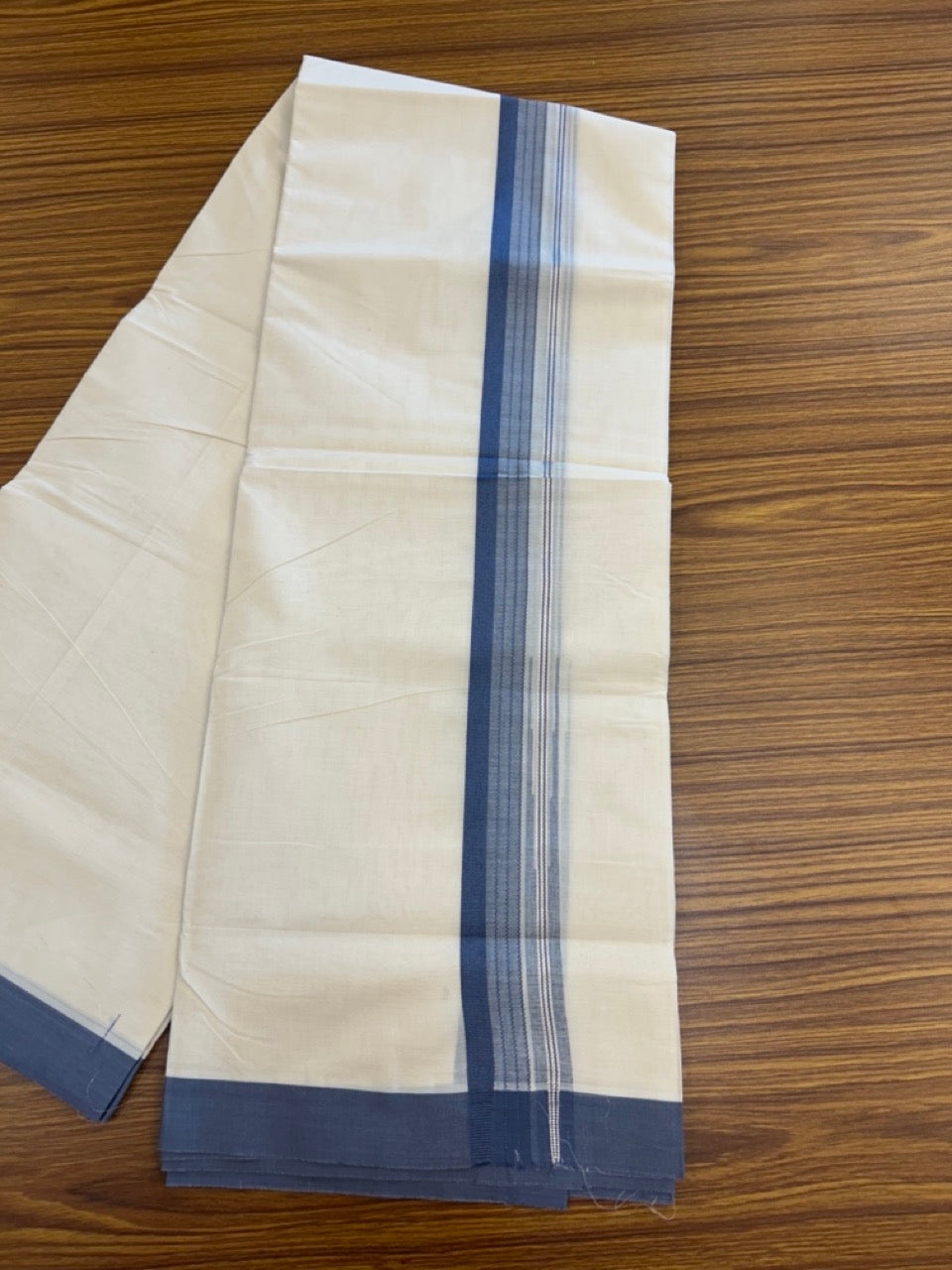 20% Discount ! KaithariKada Balaramapuram 100% Cotton Off White (Unbleached) Double Mundu/Dhoti - 80s - 1.5 inch Silver Kasav & Blue Grey Stripes Chutty kara 4 mtr (8.5 muzham) - 11 KK5302 MUT