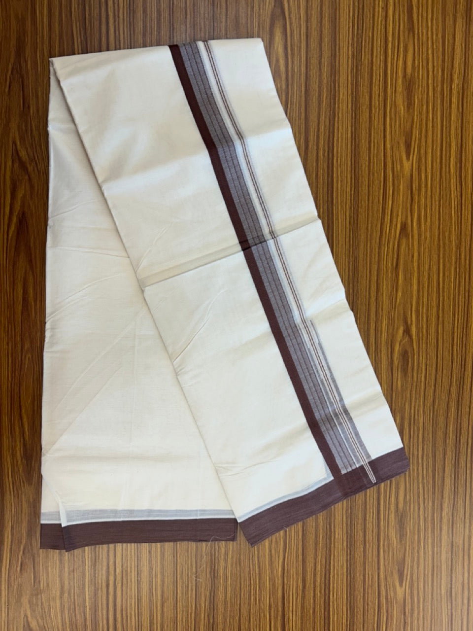 20% Discount ! KaithariKada Balaramapuram 100% Cotton Off White (Unbleached) Double Mundu/Dhoti - 80s - 1.5 inch Silver Kasav & Brown Stripes Chutty kara 4 mtr (8.5 muzham) - 10 KK5302 MUT