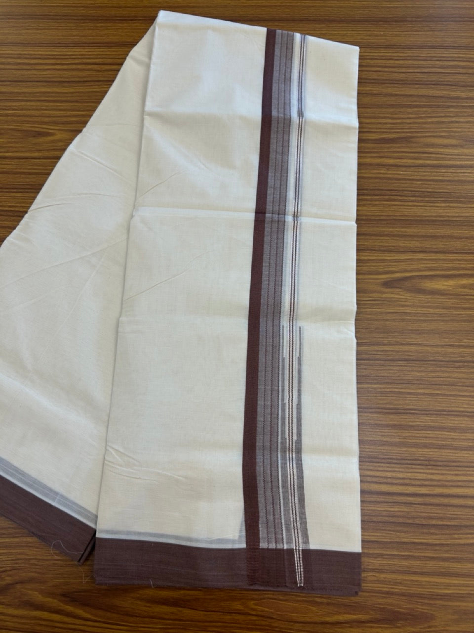 20% Discount ! KaithariKada Balaramapuram 100% Cotton Off White (Unbleached) Double Mundu/Dhoti - 80s - 1.5 inch Silver Kasav & Brown Stripes Chutty kara 4 mtr (8.5 muzham) - 10 KK5302 MUT