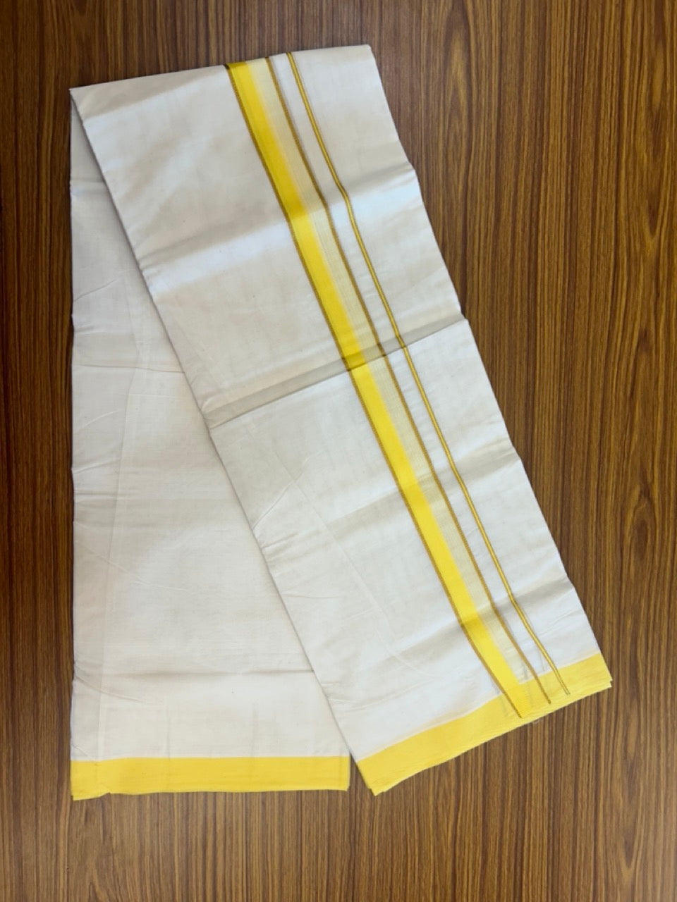 20% Discount ! KaithariKada Balaramapuram 100% Cotton Off White (Unbleached) Double Mundu/Dhoti - 80s - 1.5 inch Gold Kasav & Yellow Striped kara 4 mtr (8.5 muzham) - 29 KK5302 MUT