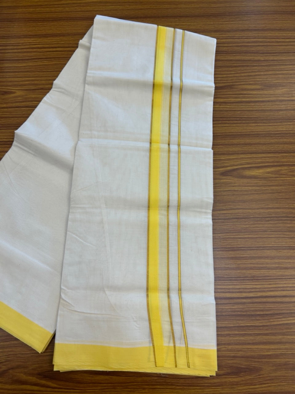 20% Discount ! KaithariKada Balaramapuram 100% Cotton Off White (Unbleached) Double Mundu/Dhoti - 80s - 1.5 inch Gold Kasav & Yellow Striped kara 4 mtr (8.5 muzham) - 29 KK5302 MUT