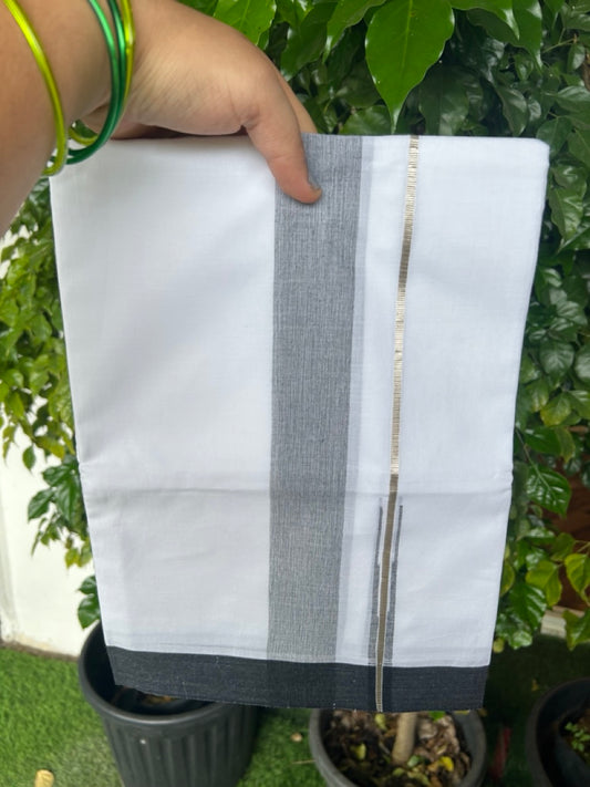 20% DISCOUNT!! Kaitharikada Balaramapuram 100% Pure Cotton PURE WHITE Double Mundu/Dothi - 100x80 - 1.75 Inch Silver Kasavu Black shaded Stripes Puliyilakkara Chutty - 31KK5217 CKS