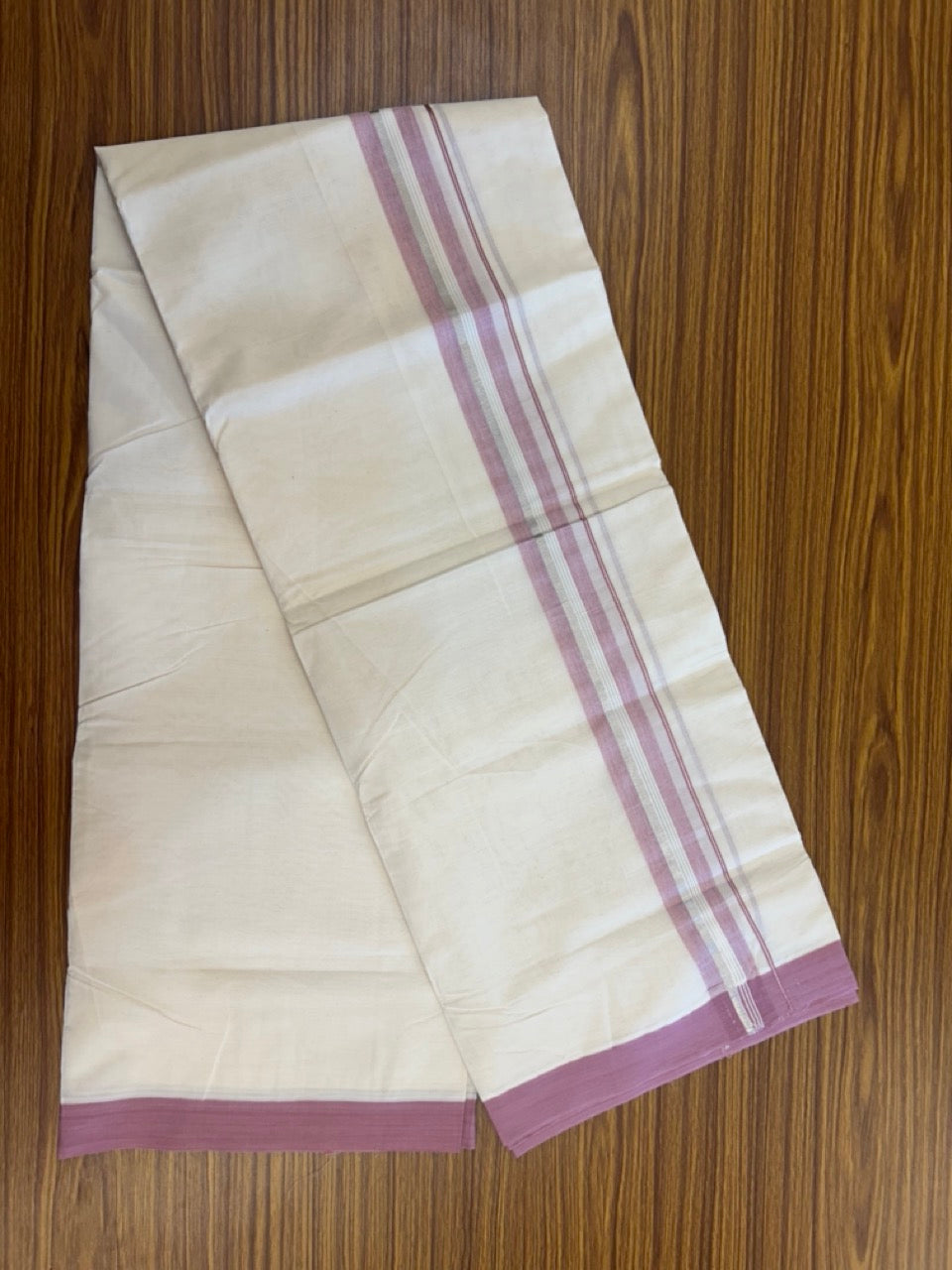 20% Discount ! KaithariKada Balaramapuram 100% Cotton Off White (Unbleached) Double Mundu/Dhoti - 80s - 1.5 inch Silver Kasav & Dusty Pink Striped kara 4 mtr (8.5 muzham) - 30 KK5302 MUT