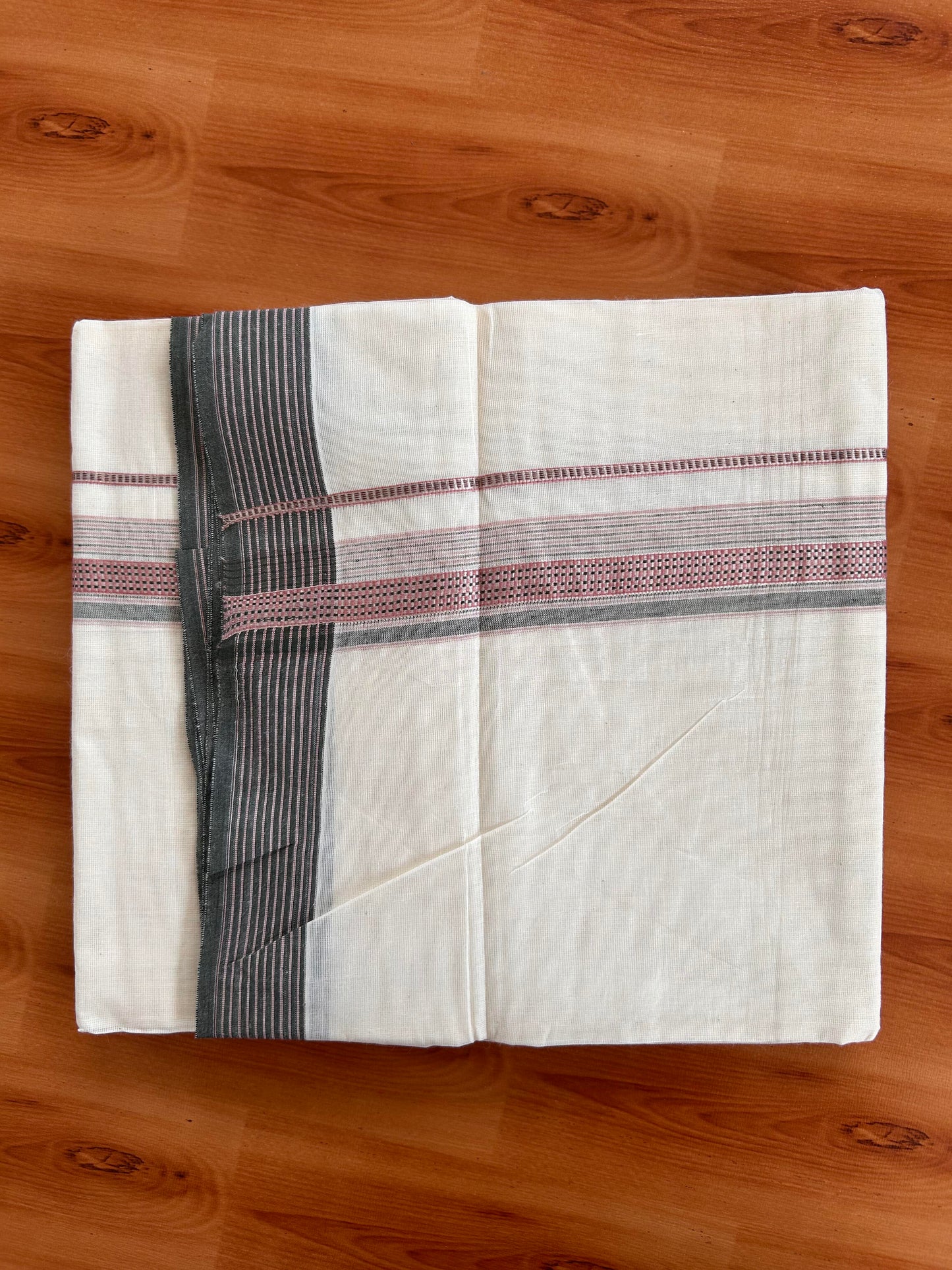 Double Off White  Mundu/Dhoti- 20% Discount! KaithariKada Balaramapuram Pure Cotton - 100x100 - 1.25 inch Silver Kasav & Pink & Sage Green Design Striped Kara - 4mtr (8.5muzham) - 1 KK5428 VAS