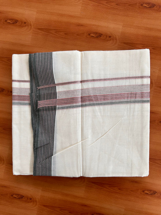 Double Off White  Mundu/Dhoti- 20% Discount! KaithariKada Balaramapuram Pure Cotton - 100x100 - 1.25 inch Silver Kasav & Pink & Sage Green Design Striped Kara - 4mtr (8.5muzham) - 1 KK5428 VAS