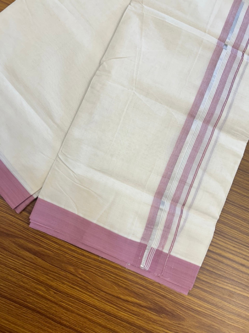 20% Discount ! KaithariKada Balaramapuram 100% Cotton Off White (Unbleached) Double Mundu/Dhoti - 80s - 1.5 inch Silver Kasav & Dusty Pink Striped kara 4 mtr (8.5 muzham) - 30 KK5302 MUT