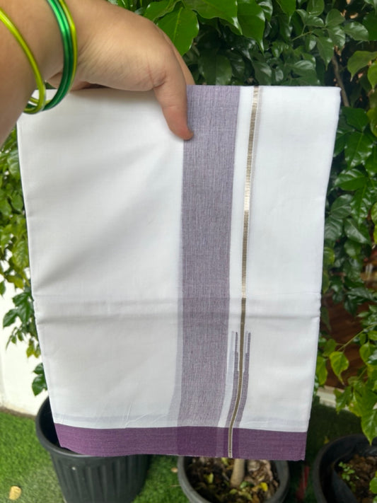 20% DISCOUNT!! Kaitharikada Balaramapuram 100% Pure Cotton PURE WHITE Double Mundu/Dothi - 100x80 - 1.75 Inch Silver Kasavu Grape shaded Stripes Puliyilakkara Chutty - 29KK5217 CKS